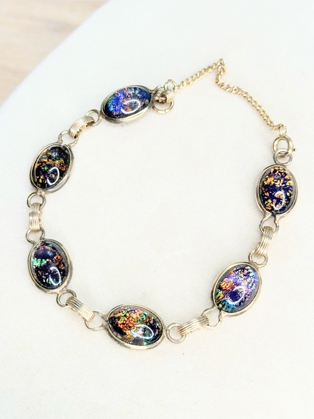 Dichroic Glass Bracelet Gold Tone Multicolor Oval Cabochon 8-9” Adjustable